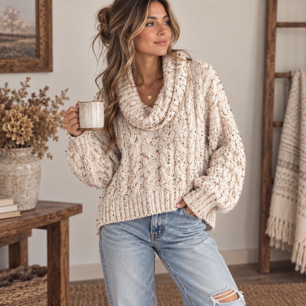 Moon & Madison Confetti Cable Knit Cowl Neck Sweater Women’s Oversized Small